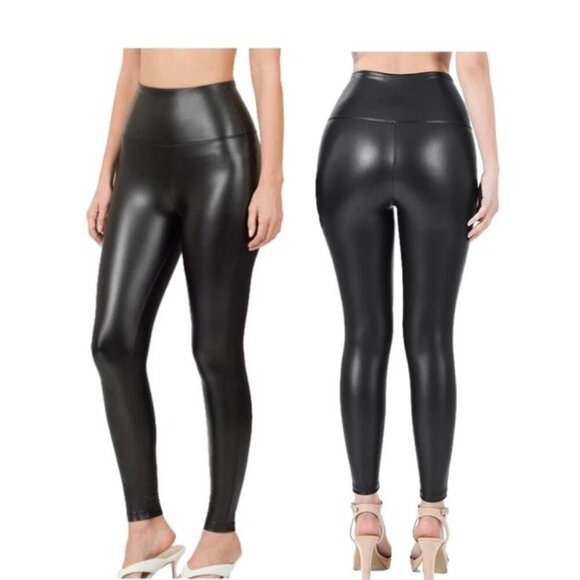 MOTO LEGGINGS FAUX LEATHER BLACK EMO  HIGH RISE FREE WAISTBAND ANKLE LENGTH GOTH - Picture 1 of 13